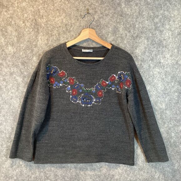 Zara Sequin Embroidered Floral Gray Sweater Size Small Ribbed Knit Lagenlook - Picture 1 of 13